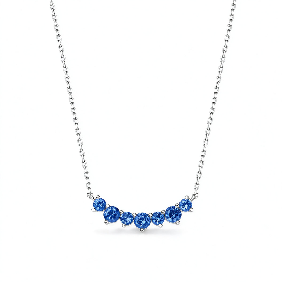 DANFÉE Seven-Stone Smile natural sapphire necklace in 18K white gold, front view