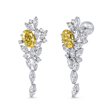 Soleil oval fancy yellow lab-grown diamond cluster drop earrings in 9K white gold on white background