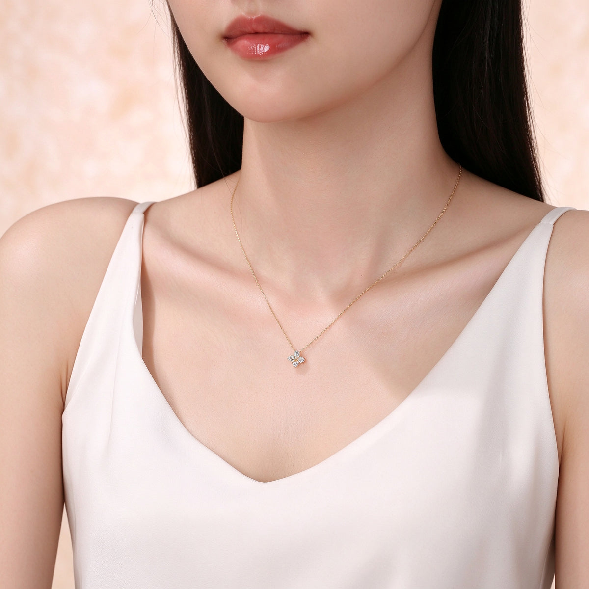 Stellar Blossom lab-grown diamond necklace worn at the collarbone